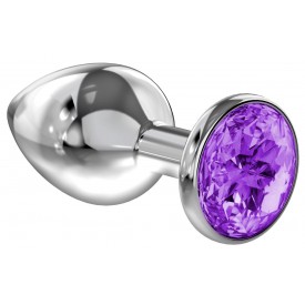 Большая серебристая анальная пробка Diamond Purple Sparkle Large с фиолетовым кристаллом - 8 см.